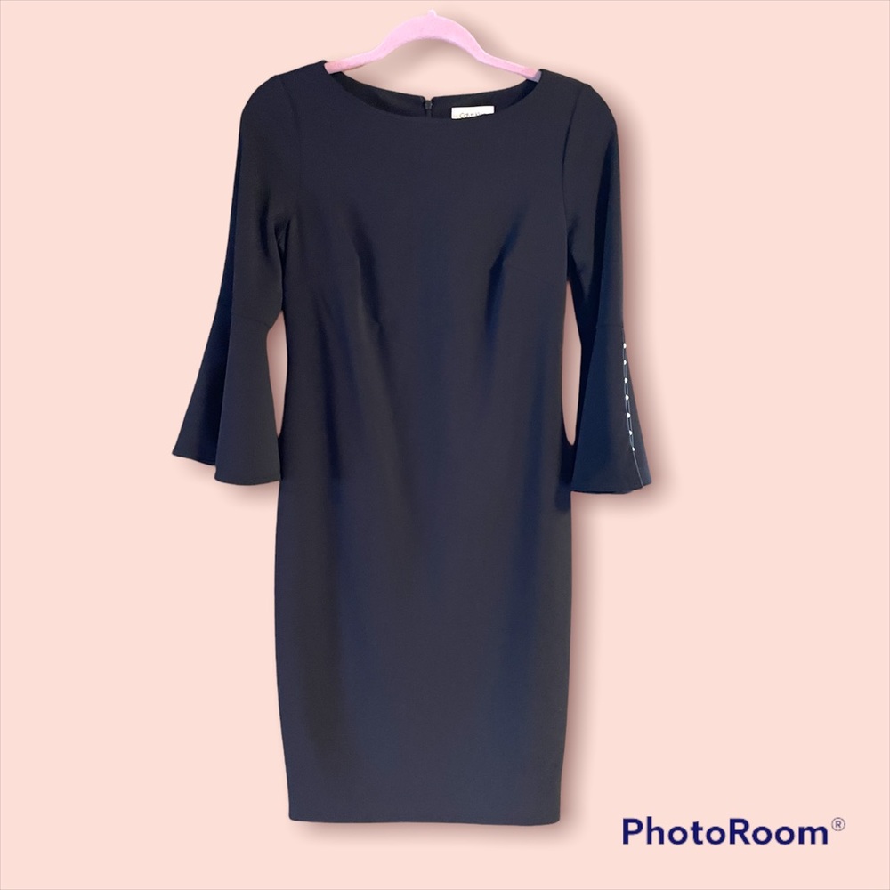 Calvin Klein Black Dress 3/4 Bell Sleeve Boat Neck Sheath Dress Size 4